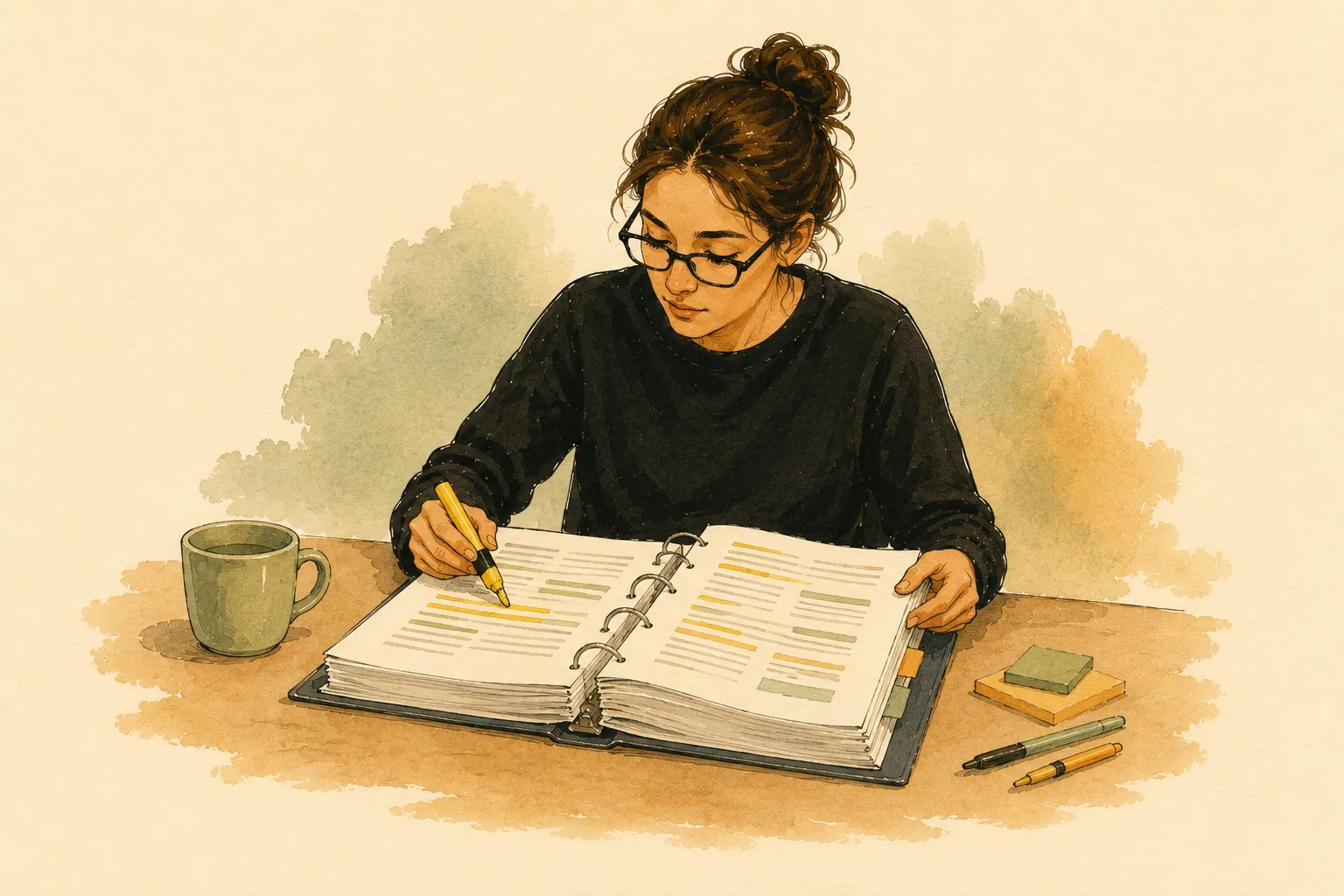 Gouache illustration: a teacher reads a thick curriculum binder with highlighter strokes on the pages.