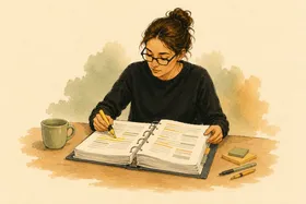 Gouache illustration: a teacher reads a thick curriculum binder with highlighter strokes on the pages.