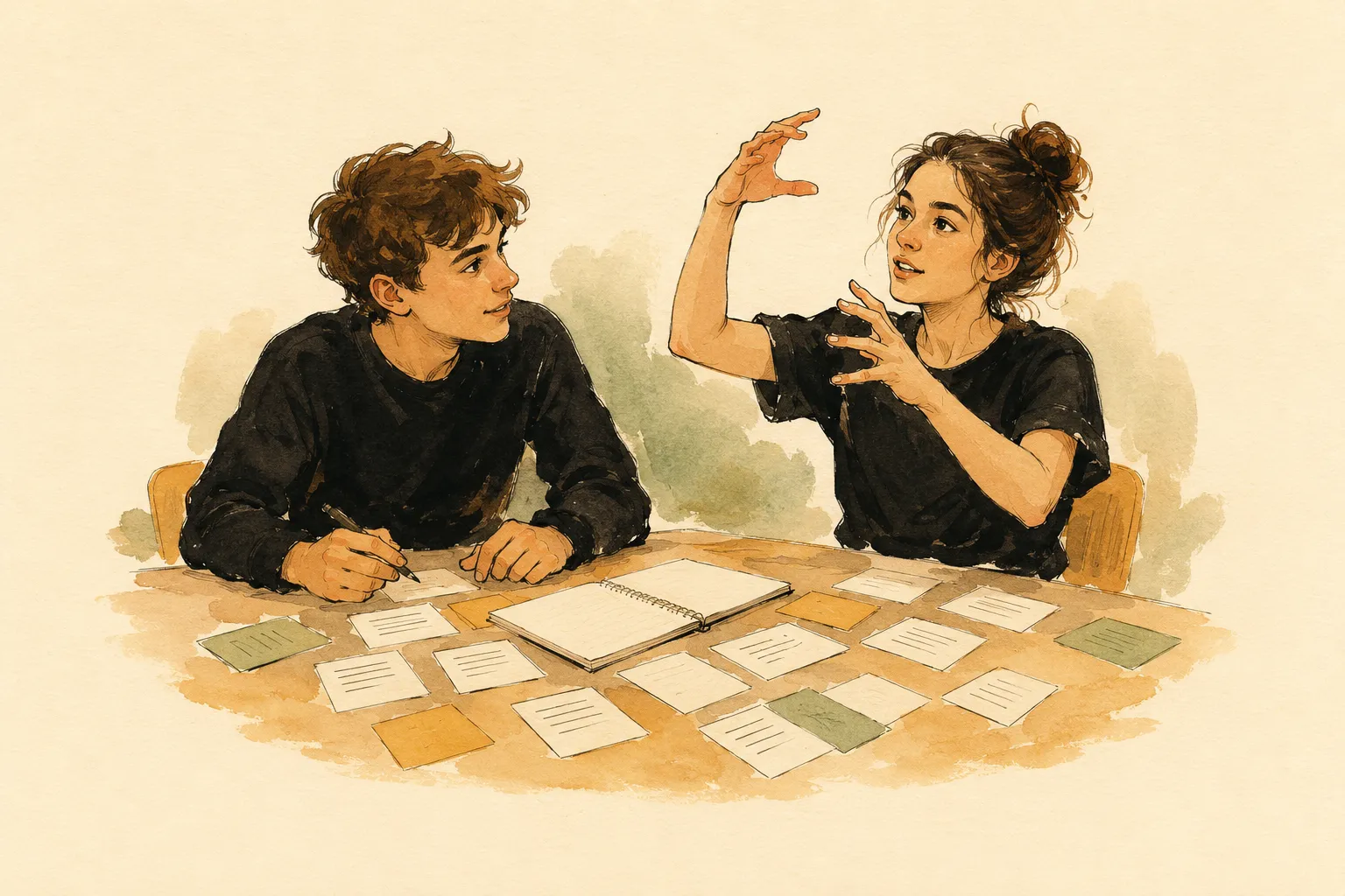 Gouache illustration: two students devising at a table of index cards, one sketching a scene in the air.