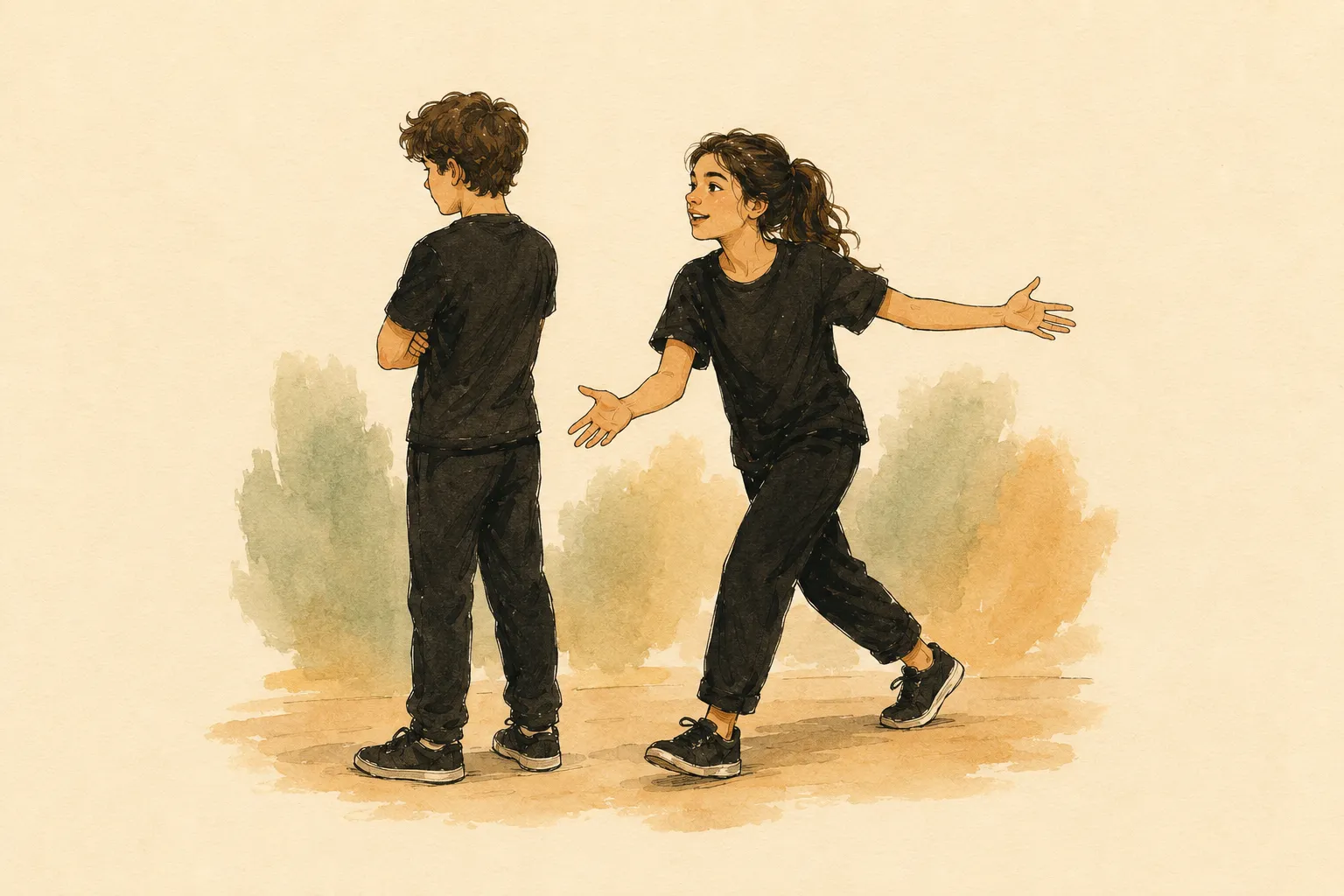 Gouache illustration: one player turns away with crossed arms while the other steps around to keep the scene alive.