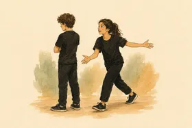 Gouache illustration: one player turns away with crossed arms while the other steps around to keep the scene alive.