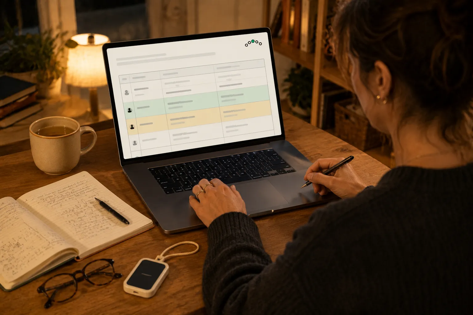 A teacher at a desk in the evening, writing a scene in Composer on a laptop — a table of beats with one row green and one amber — a player card lying beside the keyboard on its lanyard.