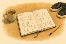 Gouache illustration: an open working journal with rough scene sketches and arrows, a mug of tea beside it.