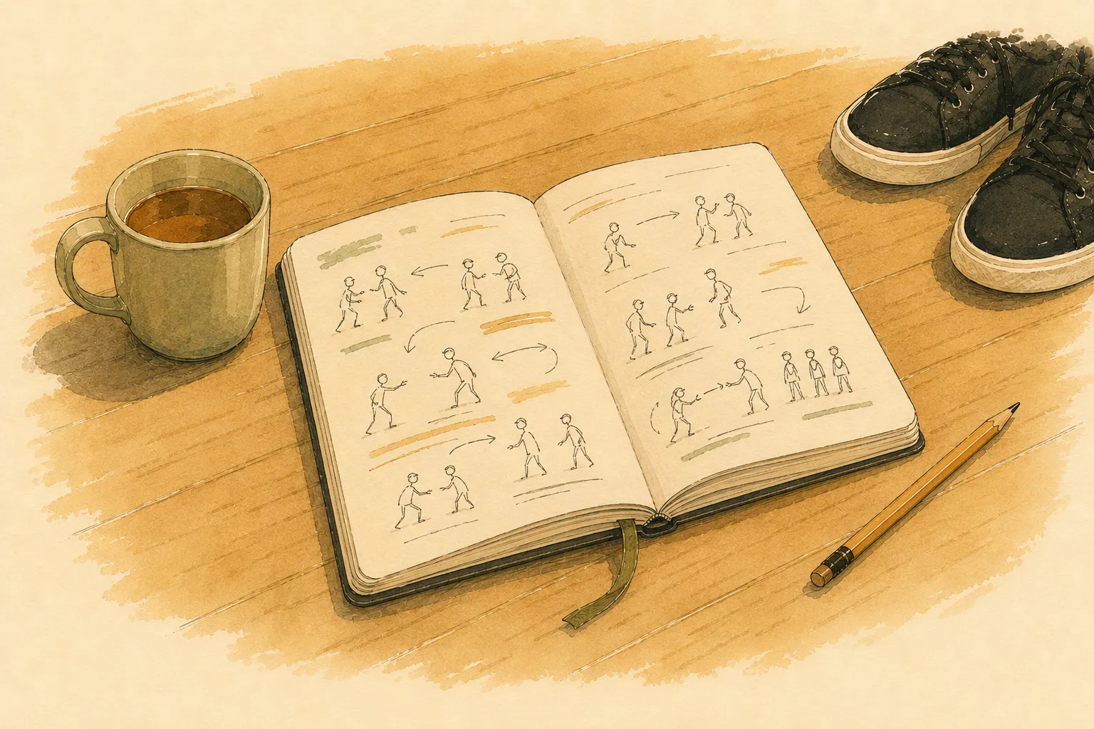 Gouache illustration: an open working journal with rough scene sketches and arrows, a mug of tea beside it.