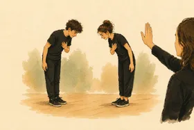 Gouache illustration: two players bow to each other as the scene closes, the teacher's hand raised in a gentle stop.