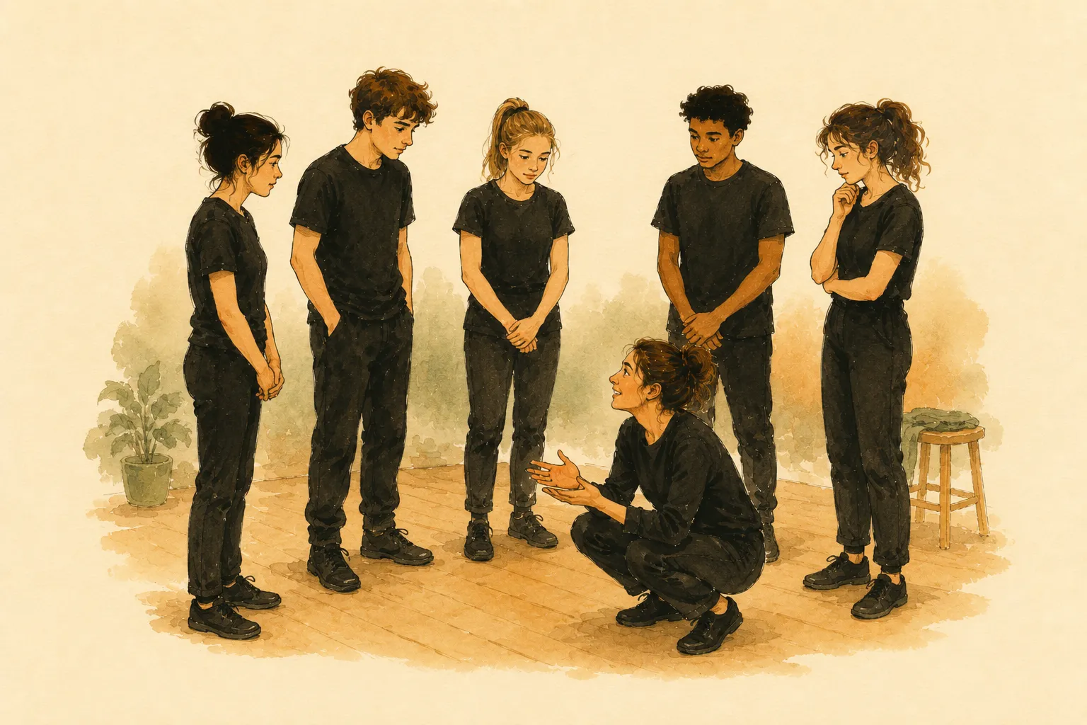 Gouache illustration: a circle of brand-new players stands a little awkwardly while the teacher crouches to their level.