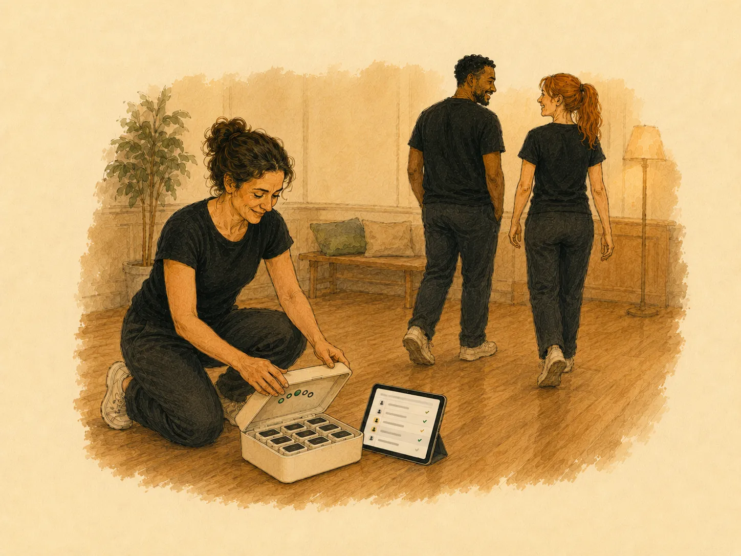 Illustration: the session over — cards back in their case, the teacher reading the finished record on a tablet.