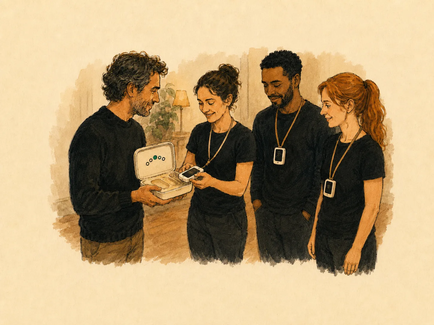 Illustration: a teacher hands small cards on lanyards from the open case to a line of players.