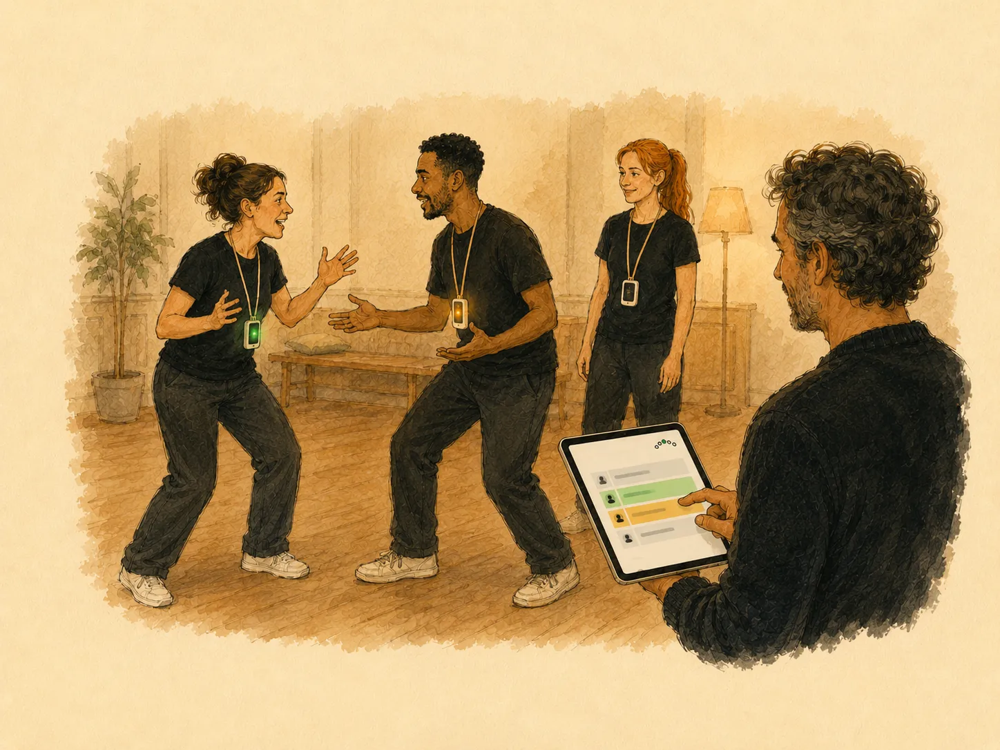 Illustration: players mid-scene, one card glowing green, one amber, the teacher following on a tablet and tapping once.