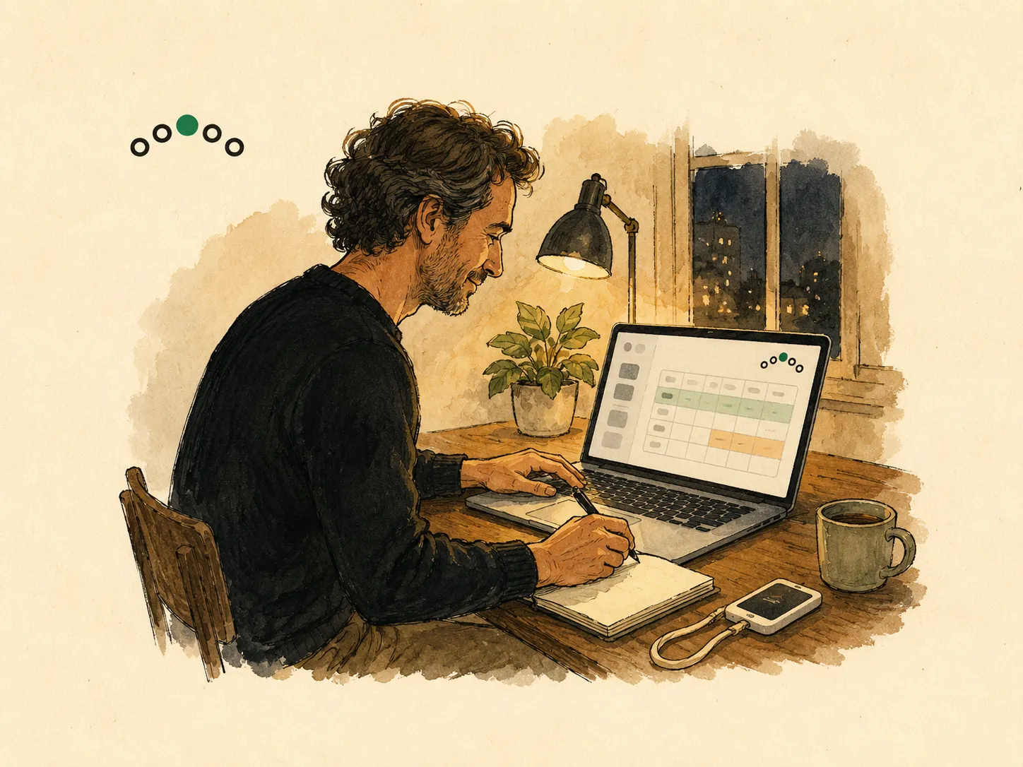 Illustration: a teacher at a desk in the evening, working on a scene in Composer on a laptop whose screen shows rows, one green and one amber.