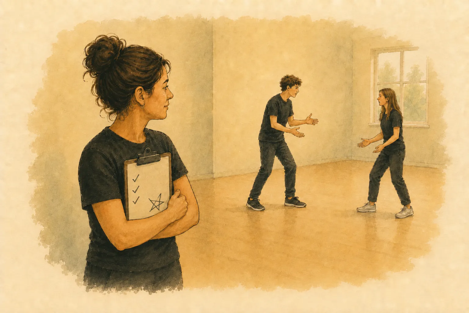 Gouache illustration: a teacher watches a scene closely, clipboard with plain check marks — and a crossed-out star.