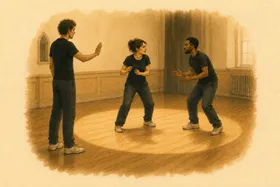 Gouache illustration: a figure at the edge of a drawn spotlight circle, one foot inside, one hand raised to pause the scene.