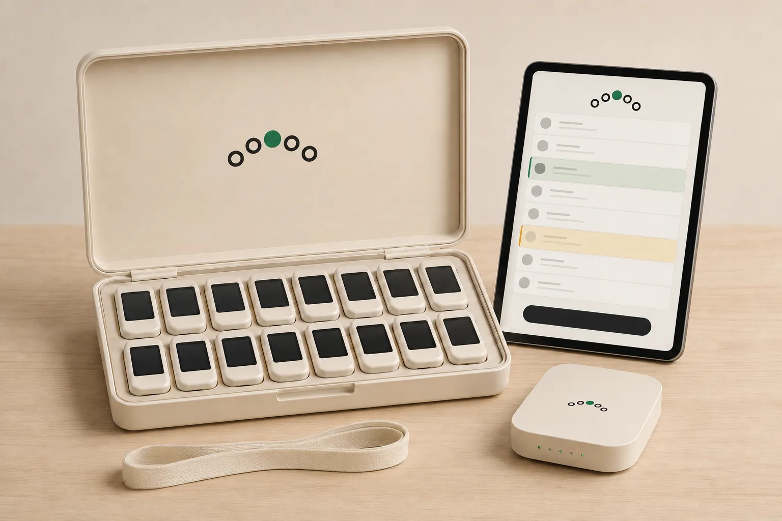 The open Spontar kit: a cream case with the five-circle logo in the lid holding two rows of player cards, beside the router and a tablet showing the session console.
