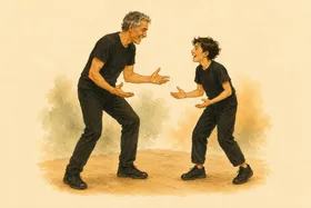 Gouache illustration: a grey-haired adult and a teenager play the same scene as equals.