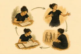 Gouache illustration: one player shown four times around a circular arrow — sketching, performing, watching back, connecting.