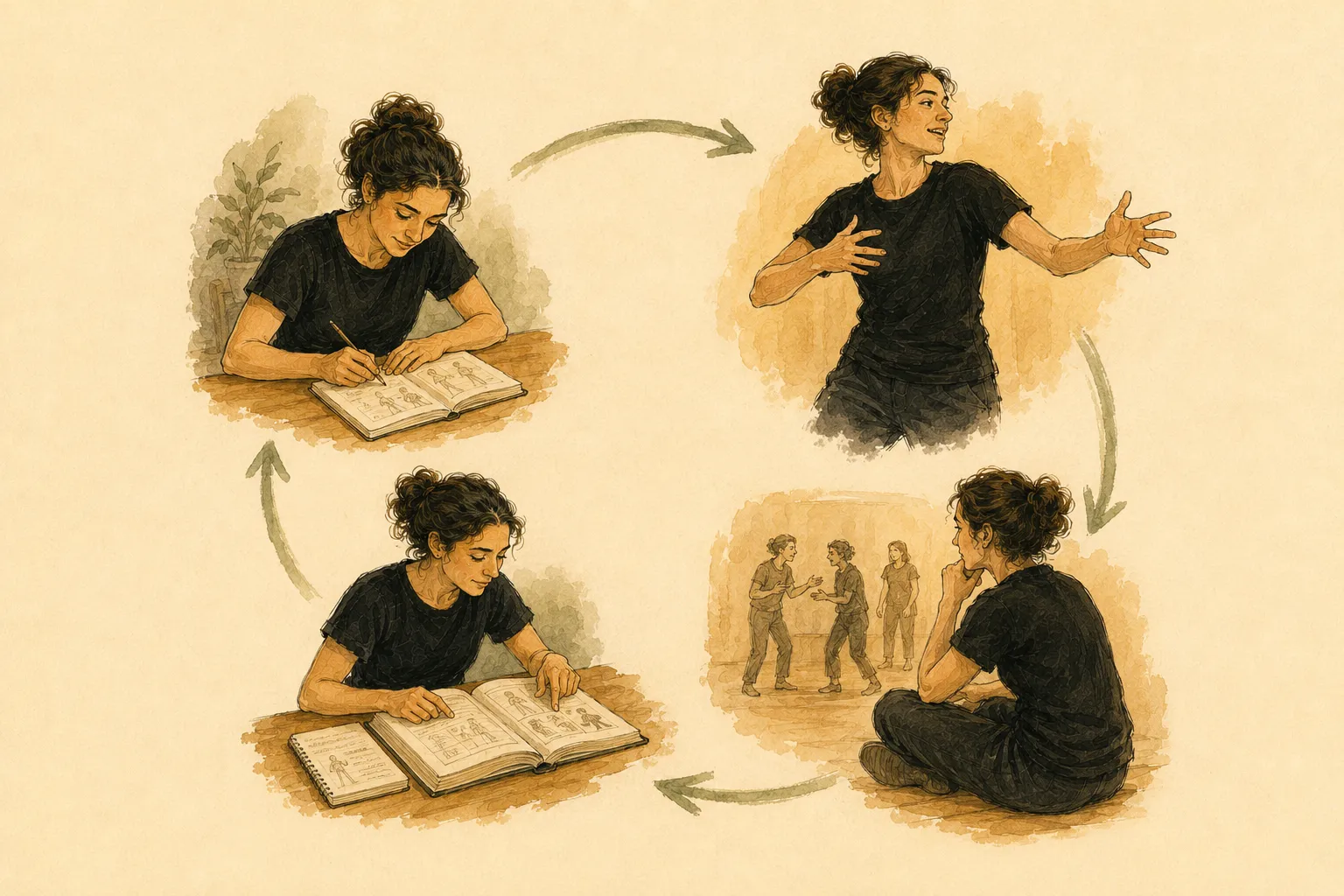 Gouache illustration: one player shown four times around a circular arrow — sketching, performing, watching back, connecting.