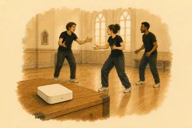 Gouache illustration: a small cream router with one green light on a wooden props chest, rehearsal going on behind it.