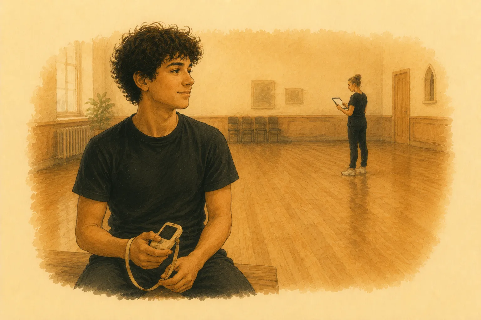 Gouache illustration: a player holds a device with a calm dark screen; far behind, the teacher's tablet shows marks only she can see.