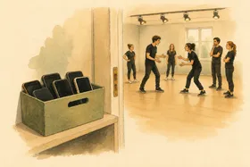 Gouache illustration: a box of phones on a shelf by the door while the group plays far behind it.