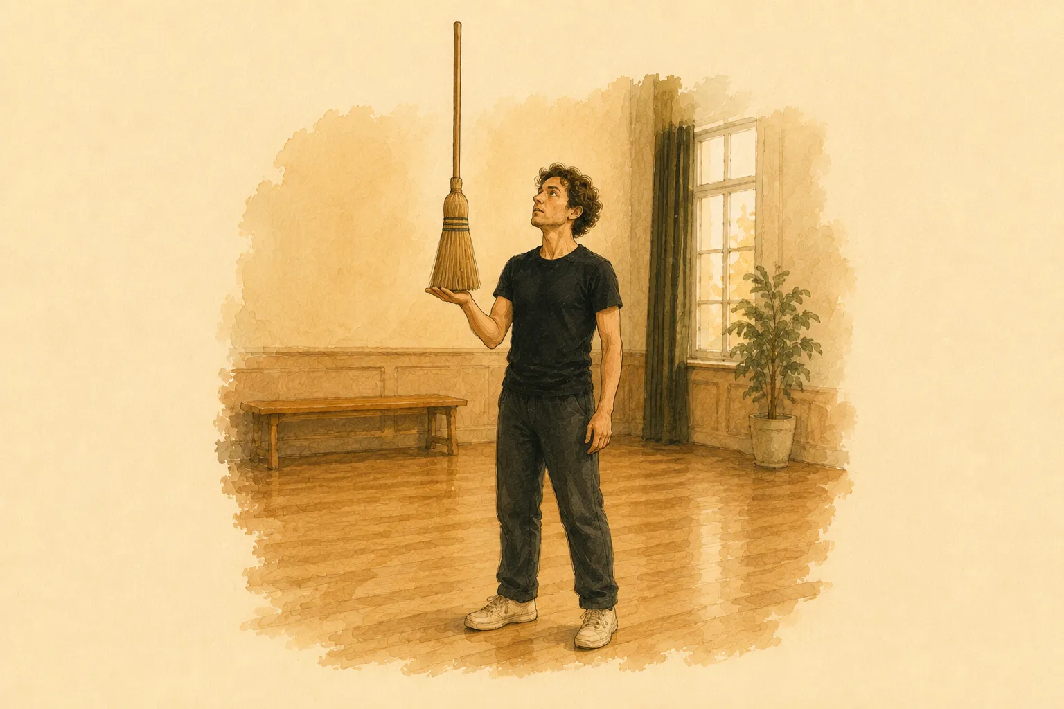 Gouache illustration: a player balances a broom upright on one open palm, eyes locked on its tip.