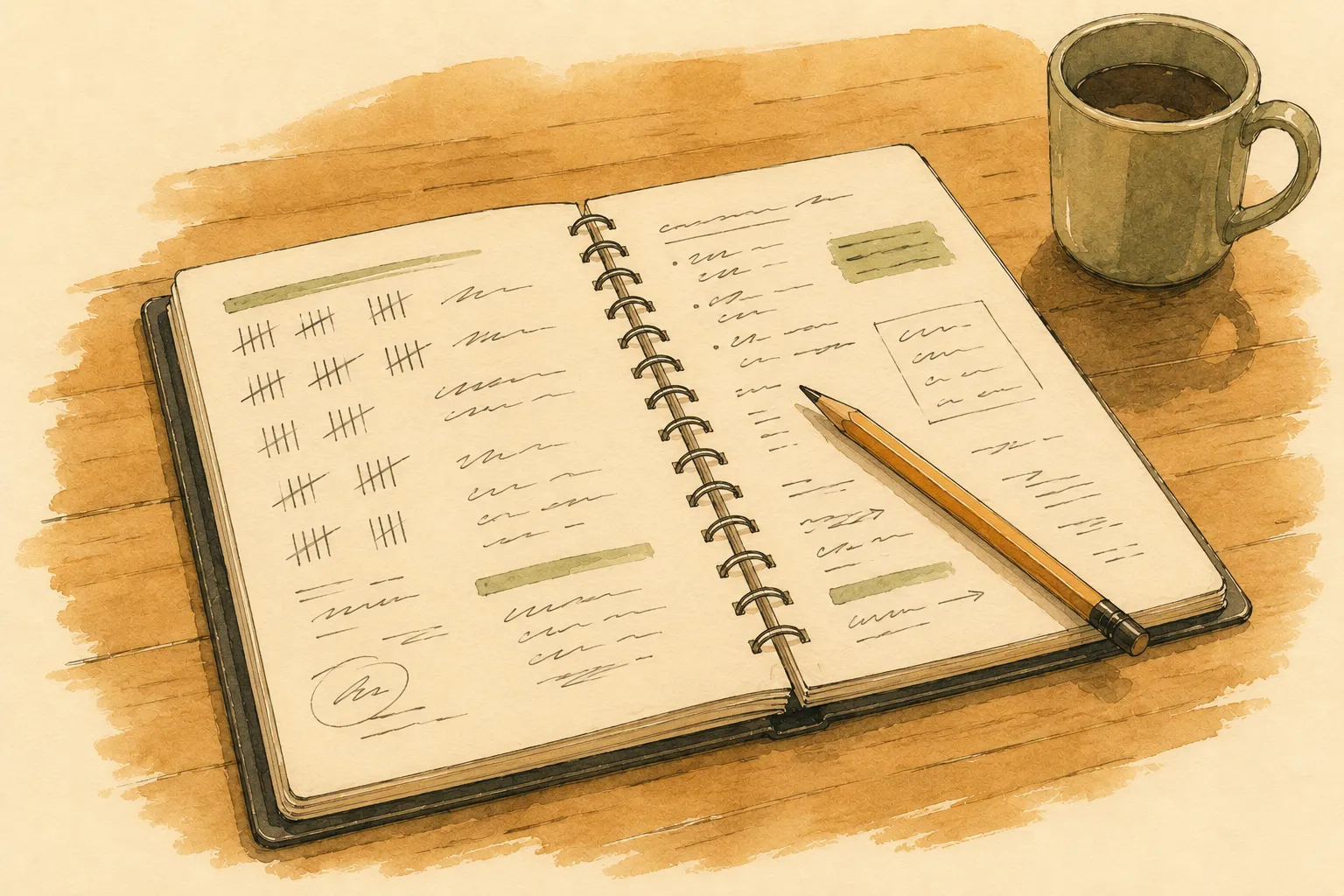 Gouache illustration: a teacher's notebook with tally marks and short notes — no numbers, no grades.