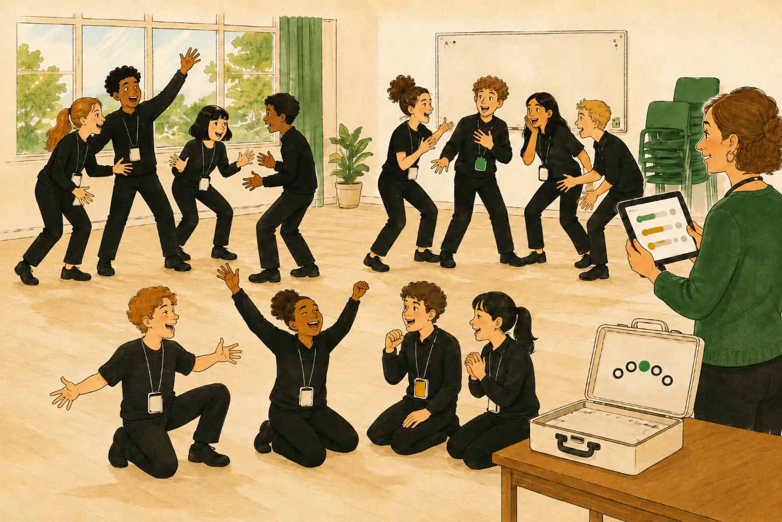 A school drama room in daylight: a class of teenagers, each wearing a card on a lanyard, while their teacher follows the session on a tablet.