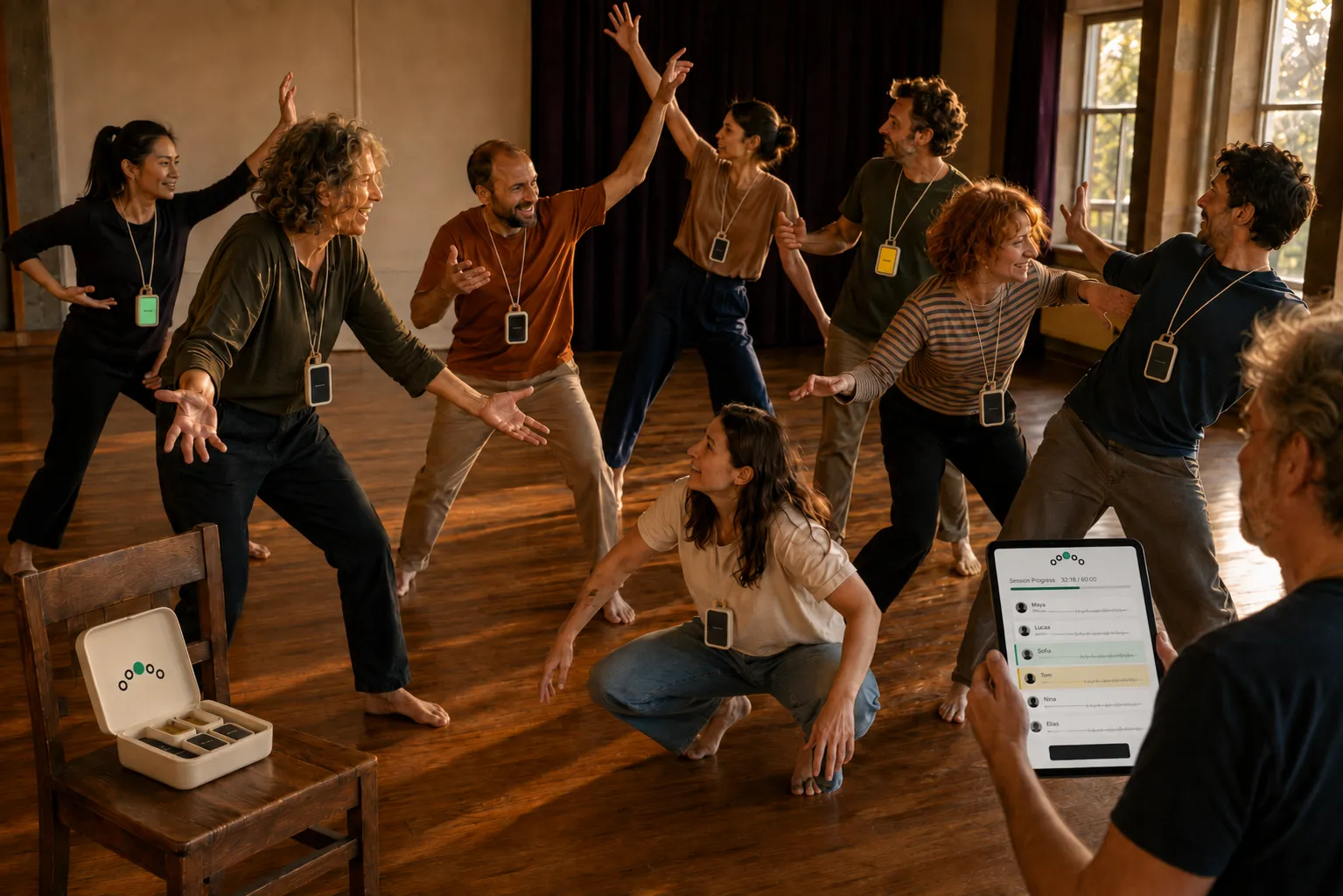A drama session: eight players mid-scene, every one wearing a small card on a lanyard — one glowing green, one amber — while the teacher follows on a tablet and the case sits open on a chair.