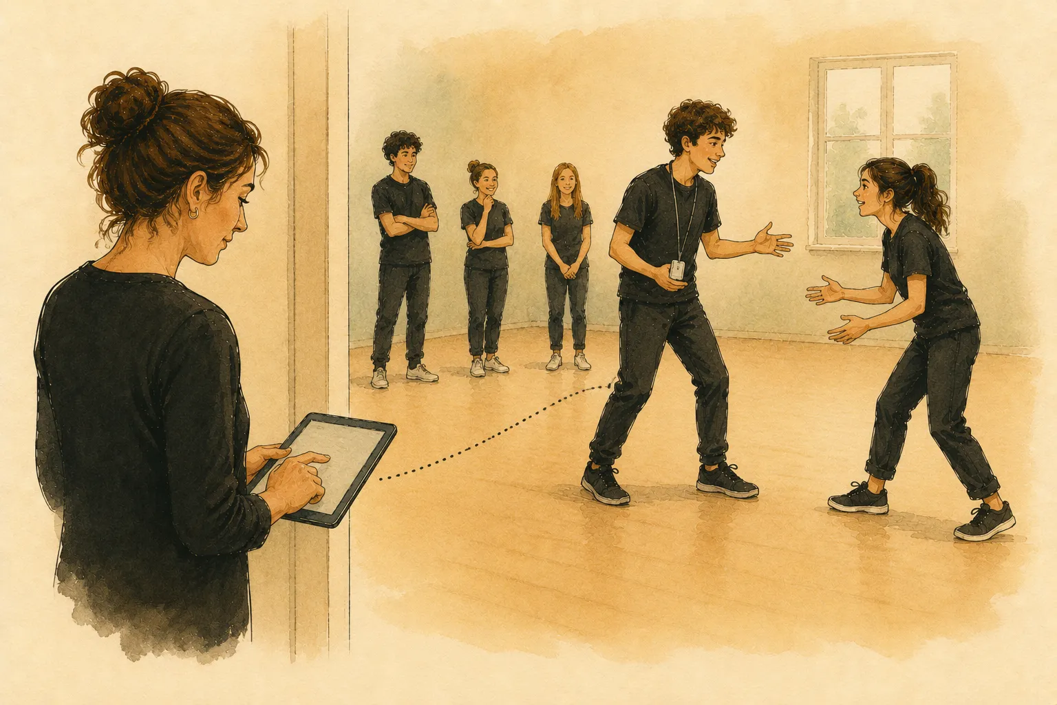 Gouache illustration: a dotted line arcs from the teacher's tablet to one player's small device — an instruction only they receive.
