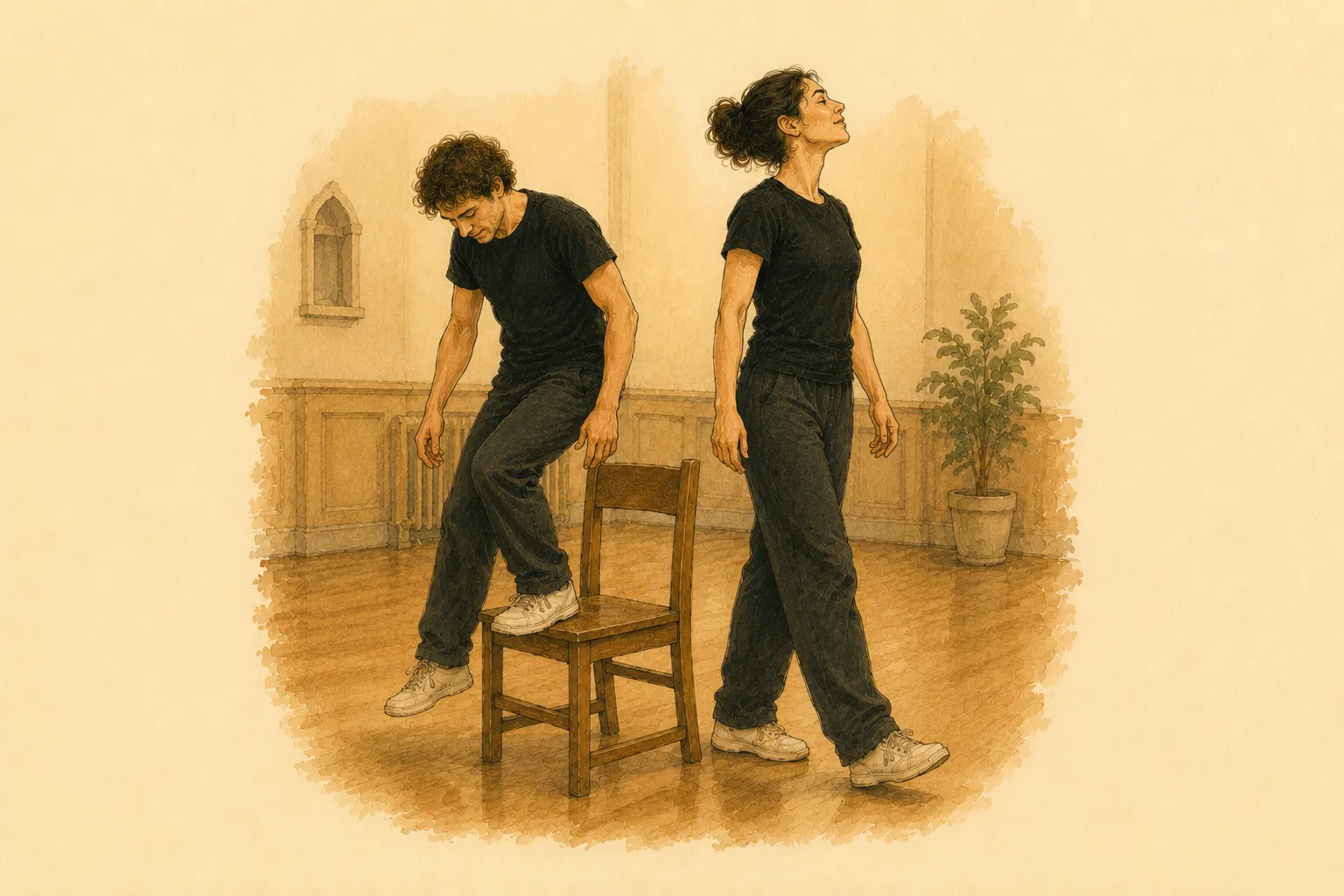 Gouache illustration: two players mid-swap, one stepping down from a chair as the other rises.