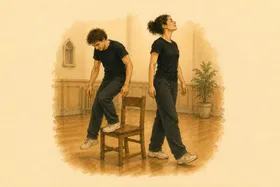 Gouache illustration: two players mid-swap, one stepping down from a chair as the other rises.
