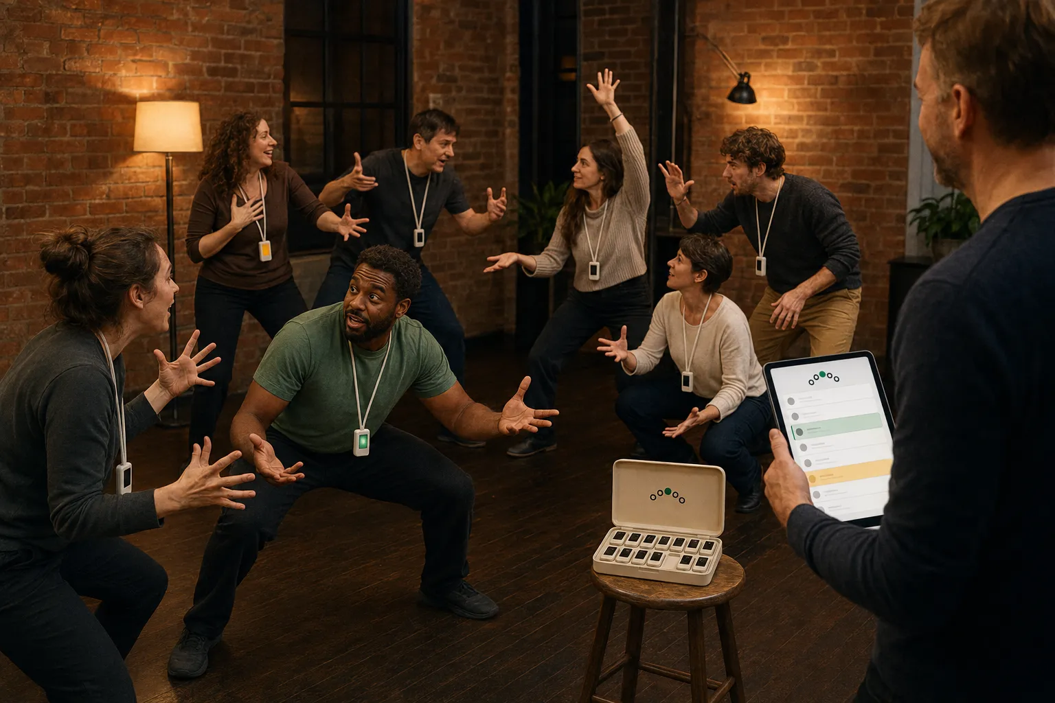 An adult ensemble in an evening rehearsal studio, every player wearing a card on a lanyard — one green, one amber — while the teacher follows on a tablet and the case sits open on a stool.