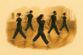Gouache illustration: a group walks briskly through the room, loose motion trails behind them.