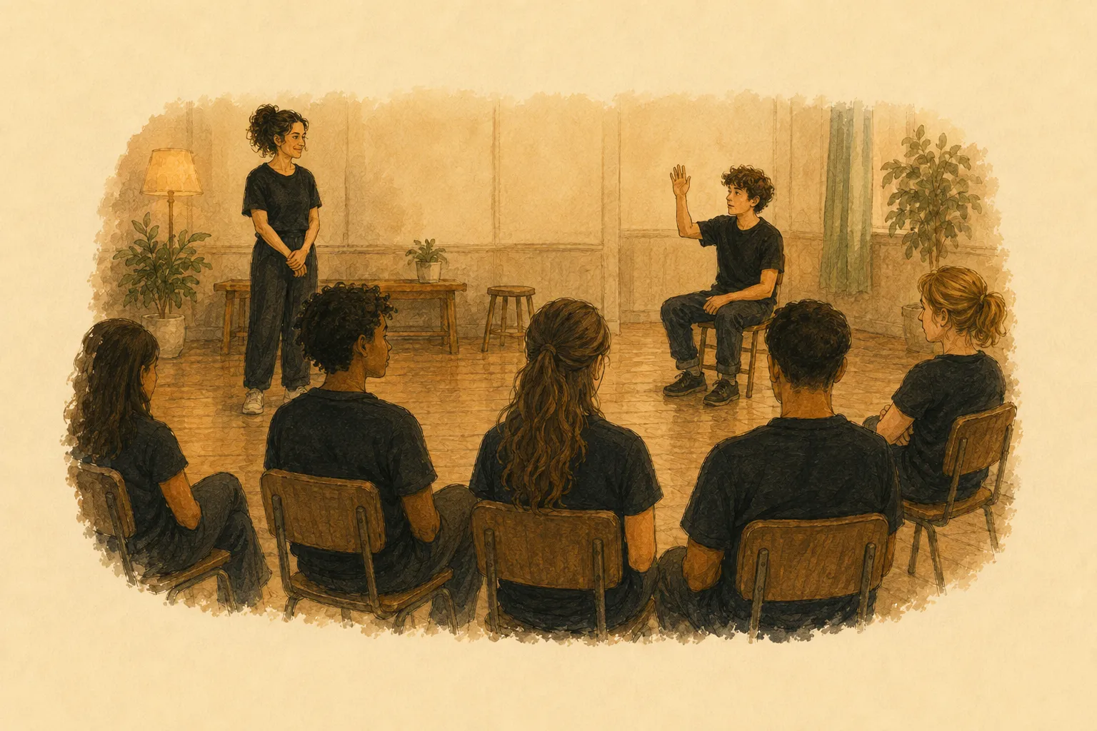 Illustration: a drama classroom — one hesitant player half-raises a hand to volunteer while the teacher watches quietly from across the room.