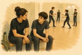 Gouache illustration: a teacher sits beside a student on a bench at the side of the room, at eye level, while the others play on.