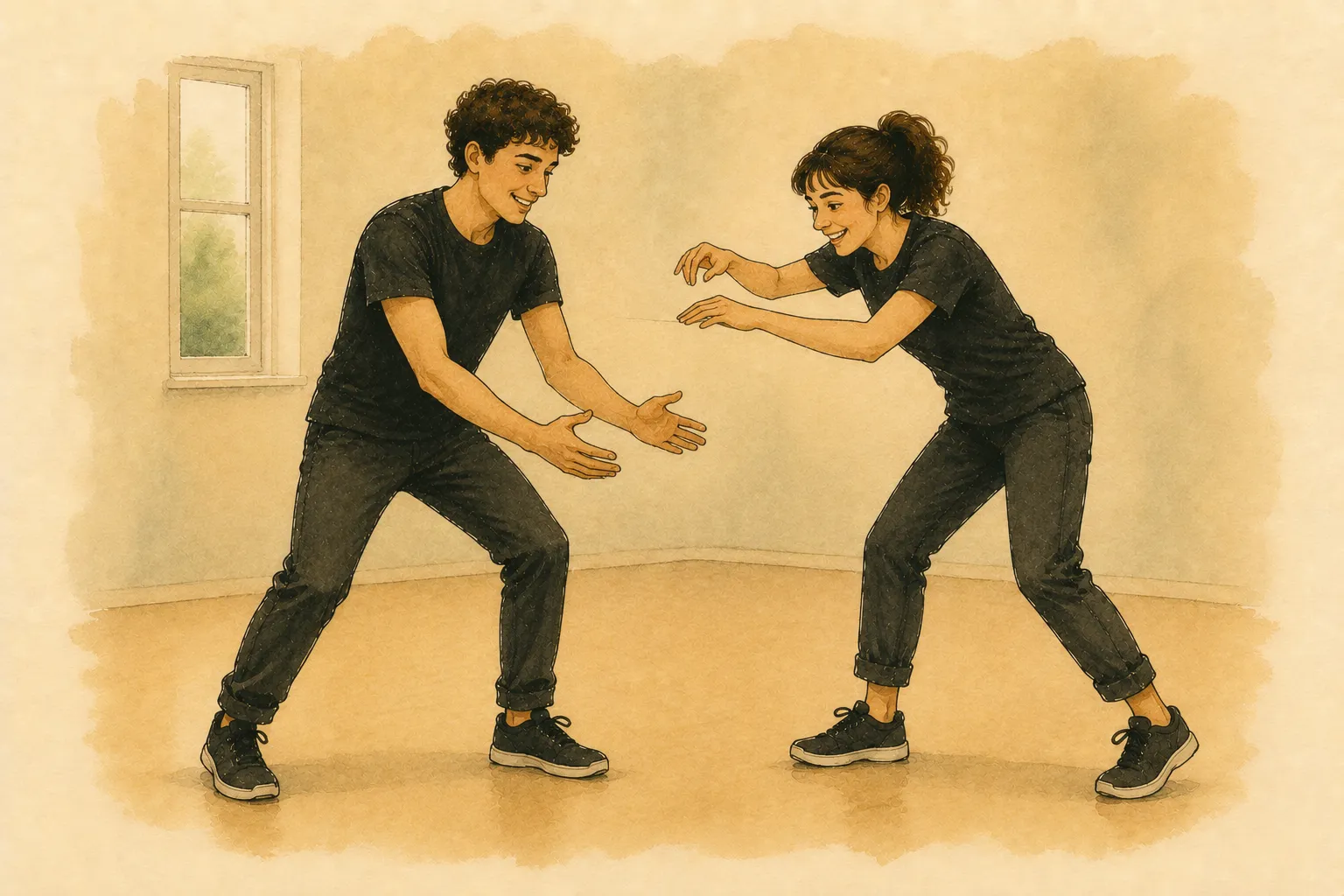 Gouache illustration: two players build one invisible object together — one mimes holding a box, the other adds to it.