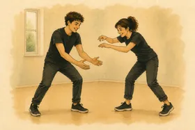 Gouache illustration: two players build one invisible object together — one mimes holding a box, the other adds to it.