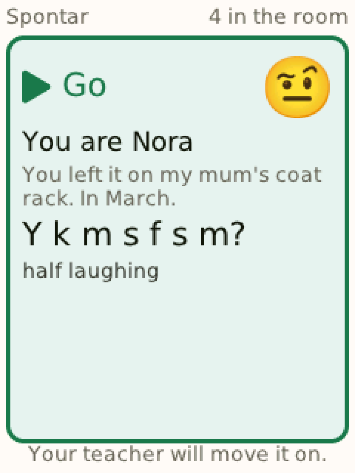 The same card in first-letters mode: the cue in grey, then Y k m s f s m?