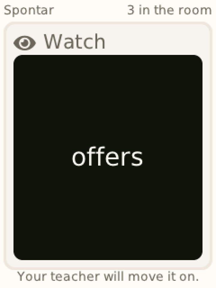 A watching card showing one word in large type: offers.